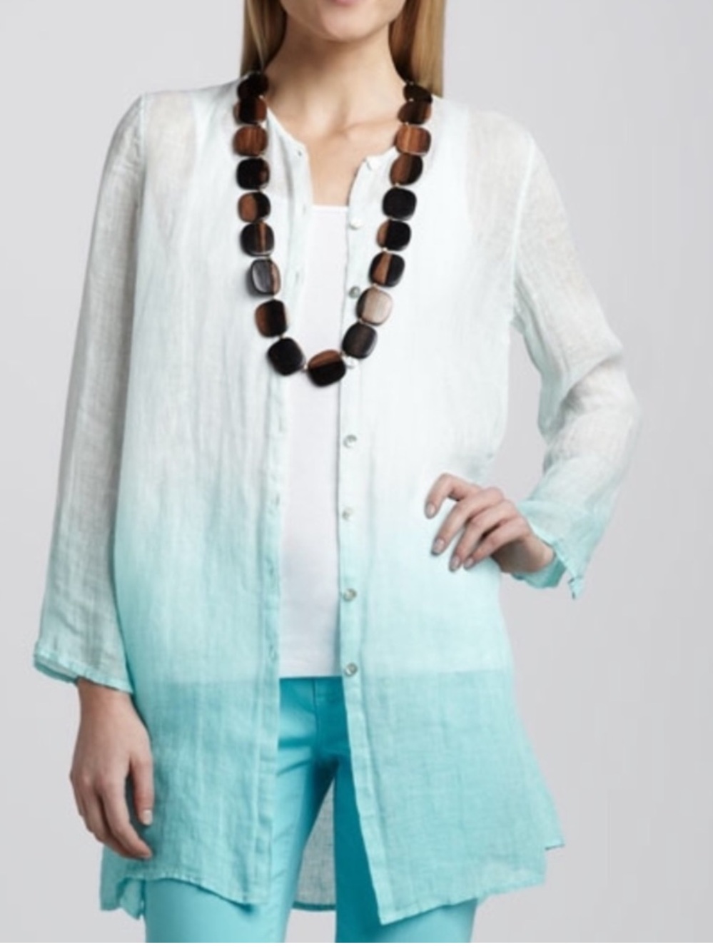 Eileen Fisher Ombre 100% Linen Tunic Top Aqua Green White Button Front Large